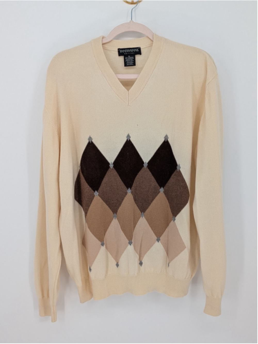 Hathaway Platinum 100% Cashmere Argyle Sweater Men XL Italy Cream Brown Flaw